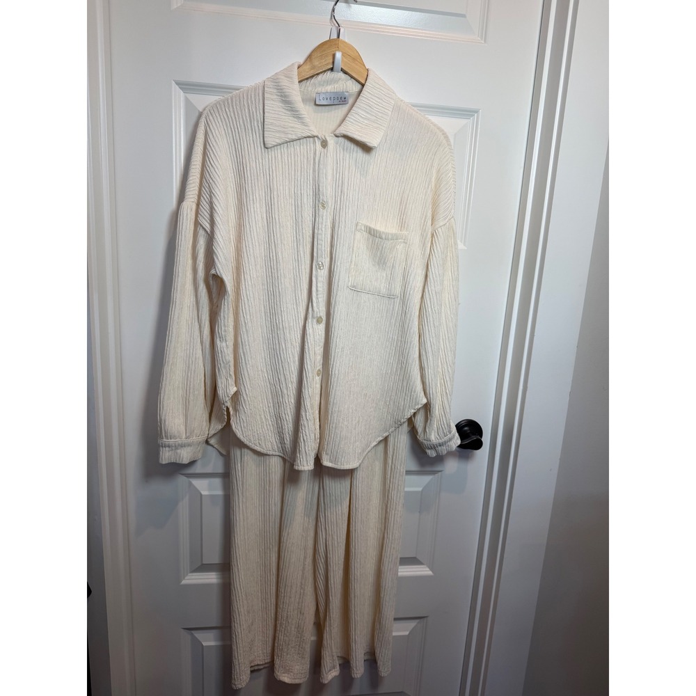 Lovepoem Cream Textured 2 Piece Set Button Down Shirt & Wide Leg Pants Size M